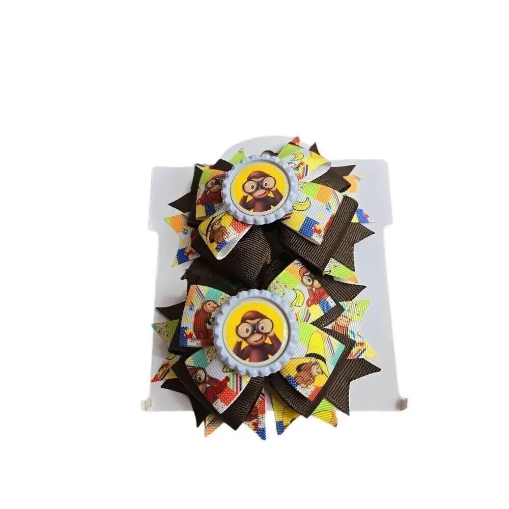 2 Curious George bows, 4" pigtails